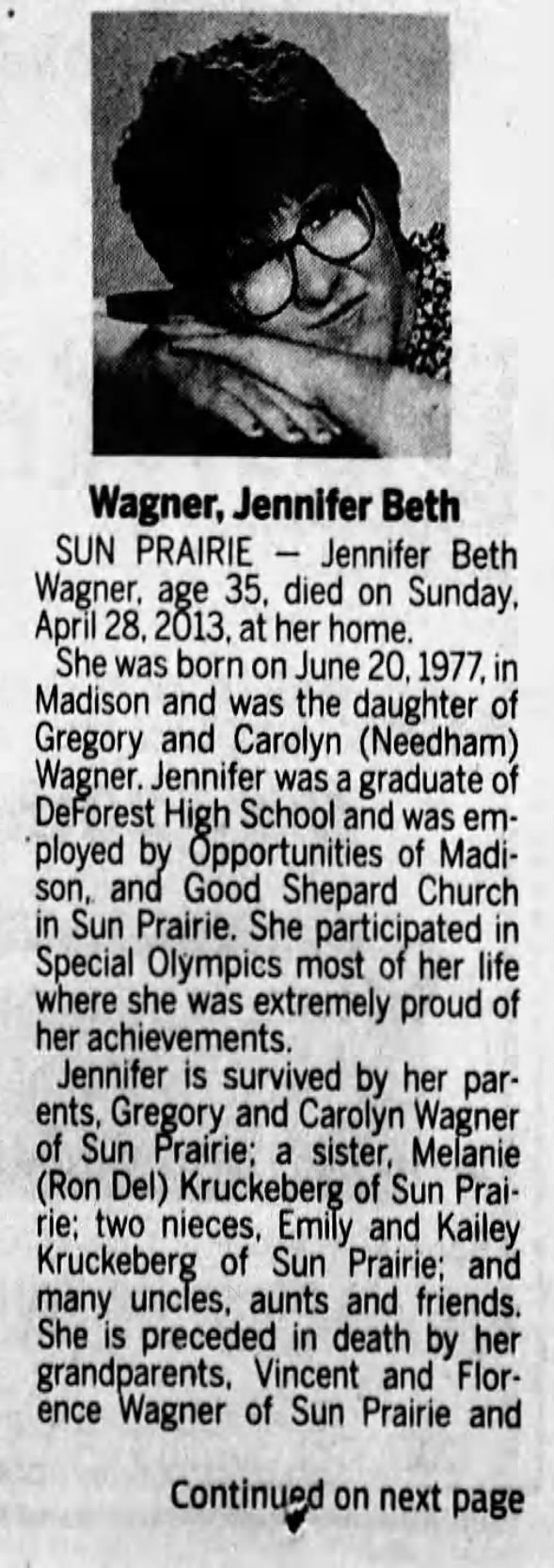 Obituary for Jennifer Beth Wagner, 1977-2013 (Aged 35)